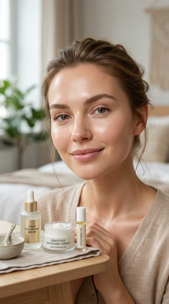 Dry and sensitive skin with a soft hydrated glow and smooth texture, showcasing calm, nourished, and healthy-looking skin in a clean aesthetic