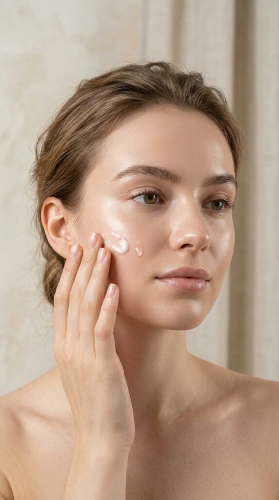 Dry and sensitive skin with a soft hydrated glow and glass-skin finish, showcasing calm, smooth, and nourished skin in a clean luxury aesthetic