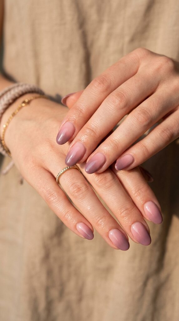 Dusty pink to mauve sunset ombre gradient nails with romantic transition from soft dusty pink base to rich mauve tips for sophisticated summer nail art.