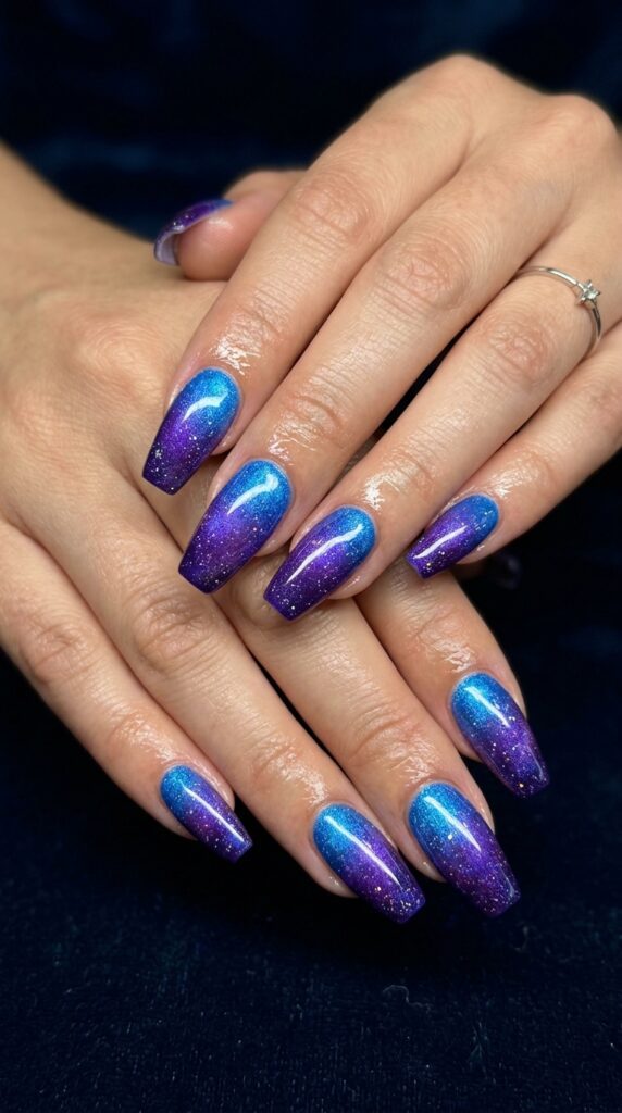 Electric blue to purple galaxy ombre gradient nails with cosmic transition from vibrant electric blue base to deep purple tips for dramatic festival summer nail art.

