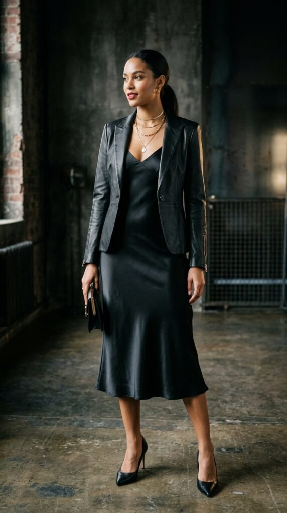 A luxurious black silk slip dress with V-neckline and flowing drape, layered under a tailored black leather jacket, paired with pointed-toe black pumps, a structured leather clutch, and layered gold necklaces for a timeless elegant and effortlessly edgy sophisticated look.