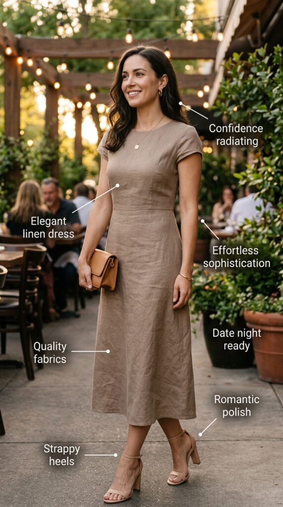 Stunningly elegant woman wearing a flowing neutral linen midi dress with delicate strappy heels in an upscale casual date night setting, featuring minimal jewelry, soft romantic styling, confident posture, and warm ambient lighting creating effortless sophistication and romantic date-night-ready appearance.