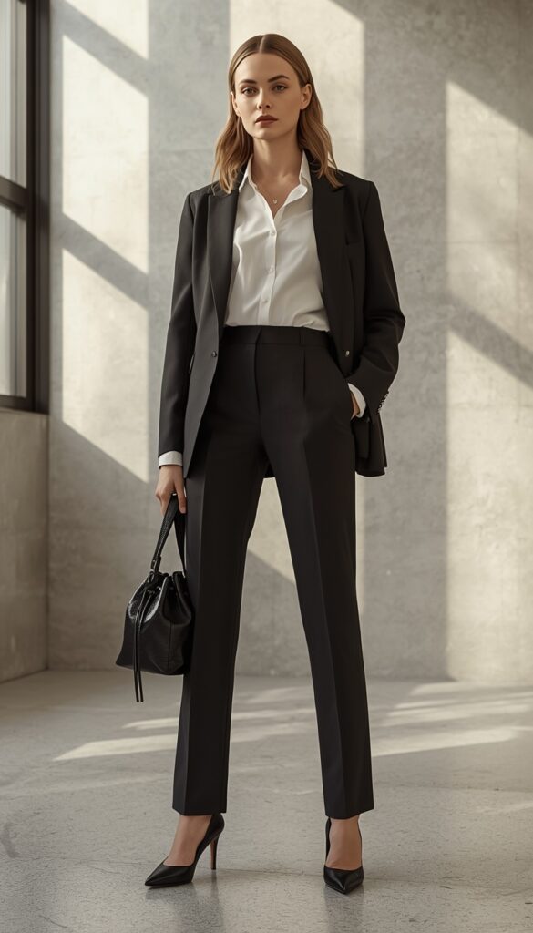 Model in an elevated office outfit with a drawstring pouch bag, polished silhouette, neutral tones, and a modern professional aesthetic