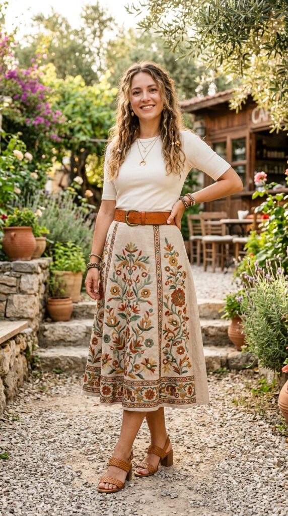 Woman in embroidered A-line midi skirt with tucked blouse, wide leather belt, and block heel sandals for elegant boho summer outfit.