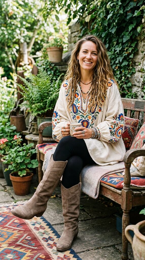 Woman wearing colorful embroidered oversized tunic with fitted leggings and knee-high suede boots for edgy boho summer style.