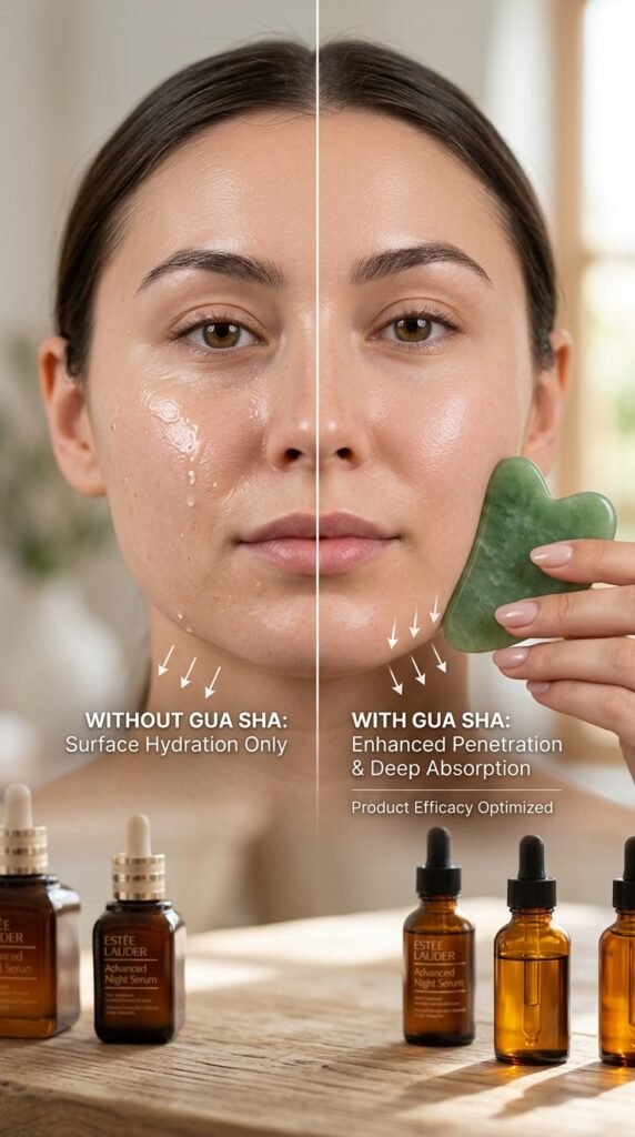 Detailed demonstration showing enhanced product absorption with gua sha facial massage, comparing skin treated with and without gua sha preparation, displaying improved serum and oil penetration, deeper absorption, and maximized skincare product efficacy with polished jade gua sha stone.




