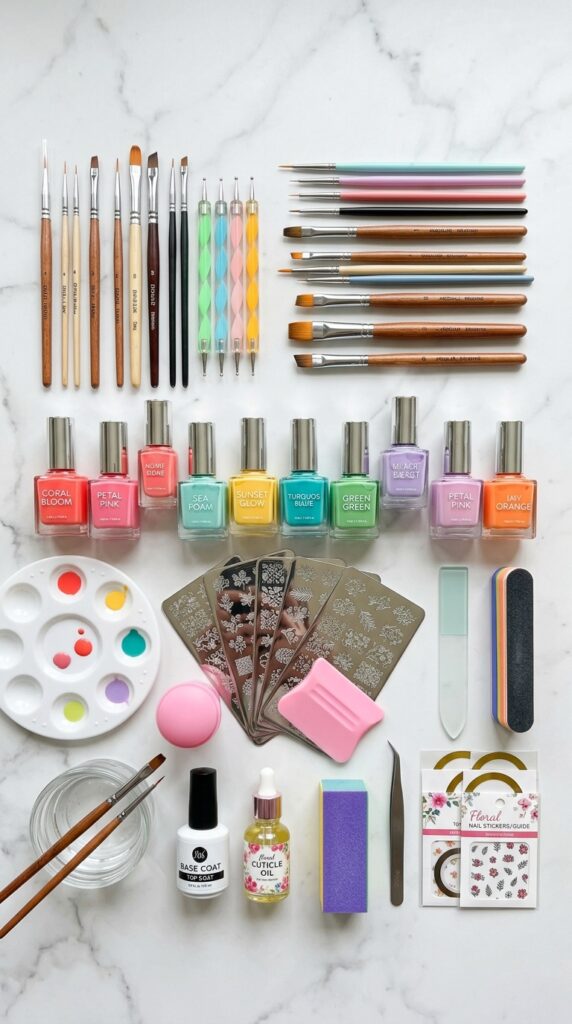 Flat lay of essential floral nail art tools including fine brushes, dotting tools, stamping plates, summer colored polishes, palette, and nail care products on white marble surface.
