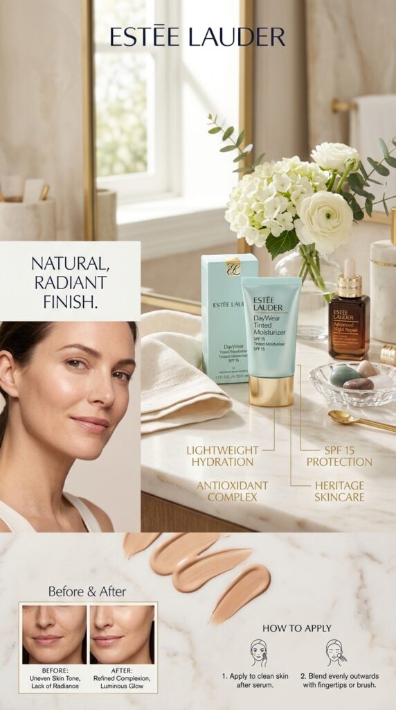 Sophisticated product shot of Estée Lauder DayWear Tinted Moisturizer SPF 15 in elegant premium bottle surrounded by white flowers and refined skincare elements, with swatches showing lightweight coverage and a woman's refined, naturally glowing complexion demonstrating the formula's heritage luxury quality.






