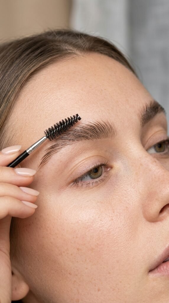 Beginner eyebrow tips showing natural brow grooming with tools and soft shaping, creating a clean, polished, and easy everyday brow look
