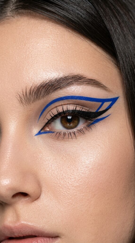 Graphic eyeliner designs with bold lines and creative shapes, creating a modern edgy summer makeup aesthetic