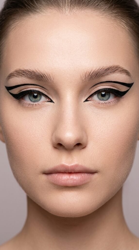 Graphic eyeliner look with bold sharp lines and minimal makeup, creating a modern, editorial, and eye-catching beauty statement