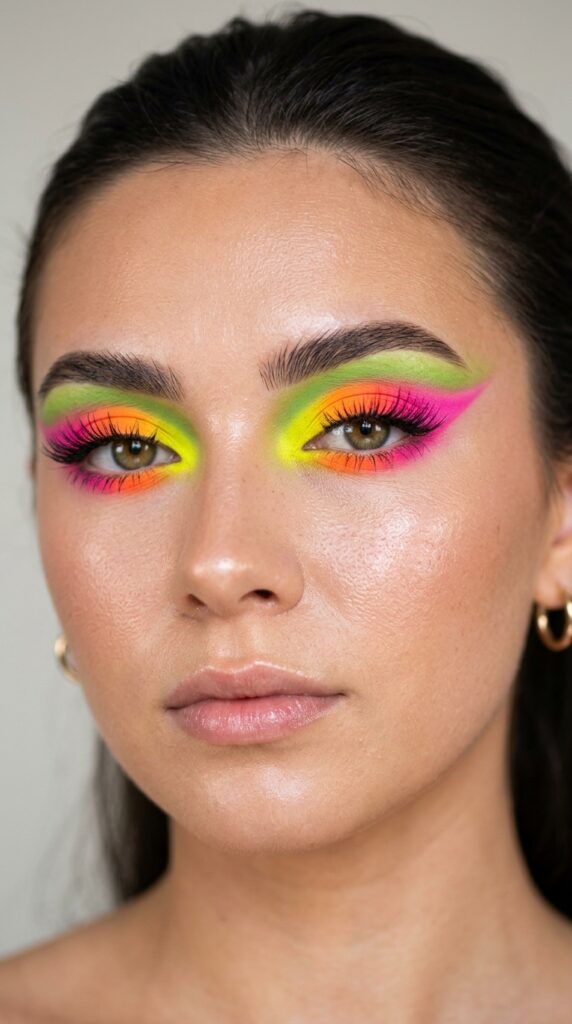 Bright neon eyeshadow with vibrant bold colors, smooth blending, and a striking summer makeup aesthetic
