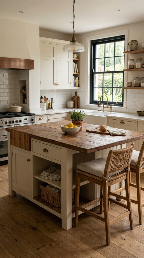 Farmhouse kitchen with a functional island, wooden countertop, seating and storage, and a warm inviting aesthetic