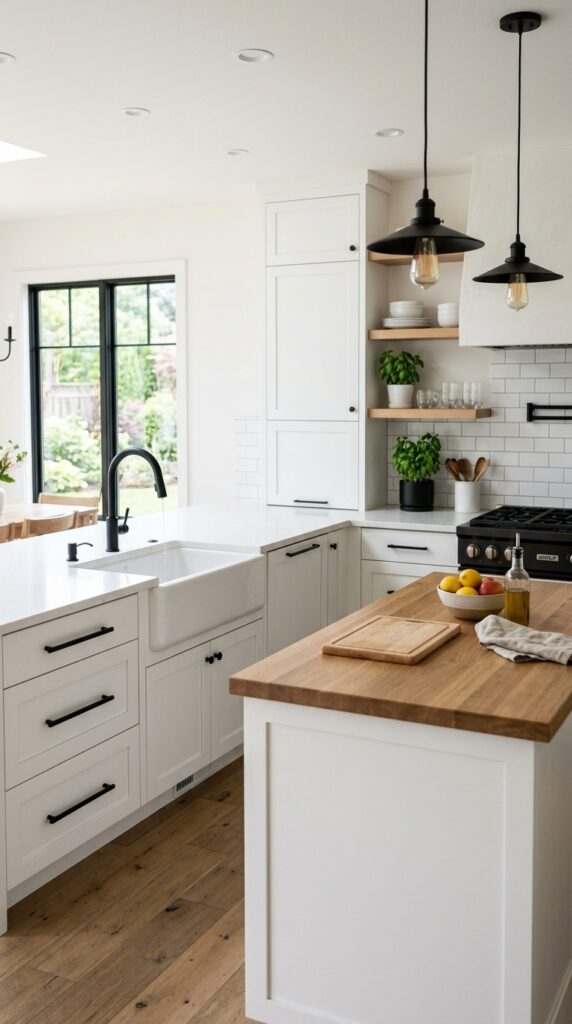 Farmhouse kitchen with black hardware accents, white cabinets, clean contrast, and a modern rustic aesthetic