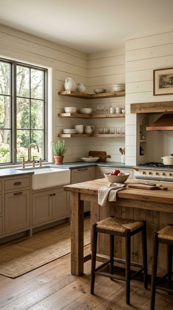 Farmhouse kitchen with white shiplap walls, textured panels, neutral tones, and a cozy modern rustic aesthetic