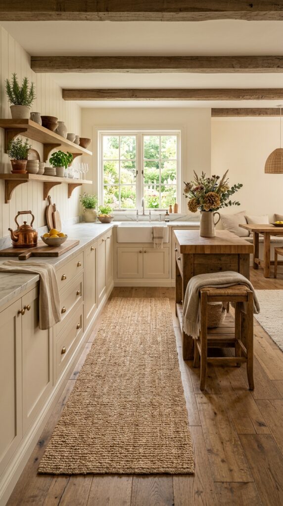 Farmhouse kitchen with cozy textiles and rugs, soft neutral tones, layered textures, and a warm inviting aesthetic