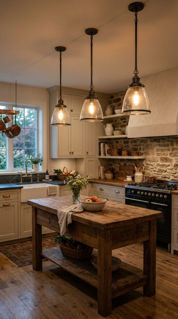 Farmhouse kitchen with vintage-inspired lighting, warm glow, rustic fixtures, and a cozy elegant aesthetic