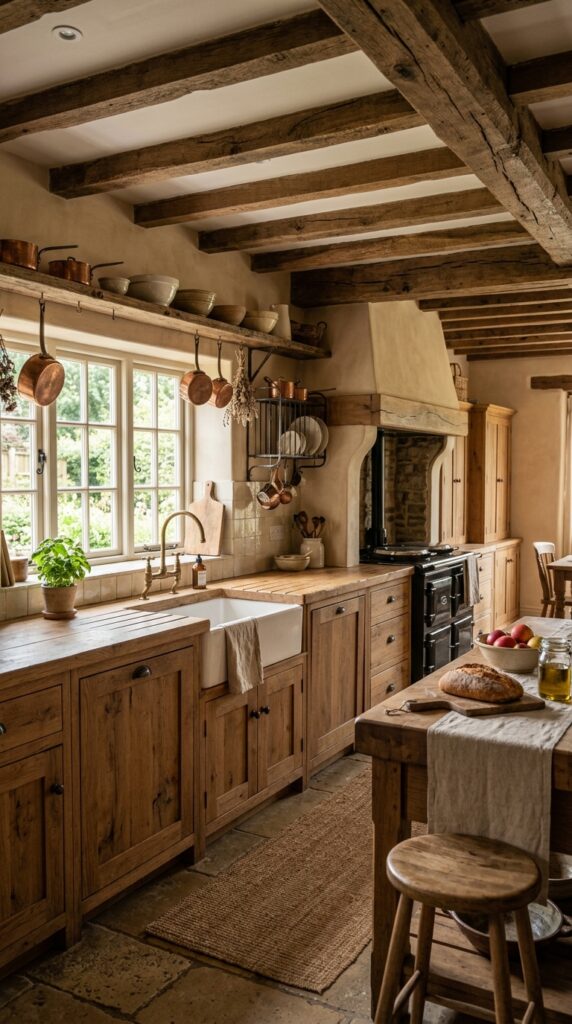 Farmhouse kitchen with rustic wood accents, exposed beams, warm textures, and a cozy inviting aesthetic