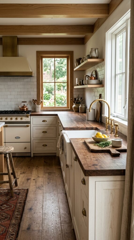 Farmhouse kitchen with butcher block countertops, natural wood surface, warm tones, and a cozy rustic aesthetic