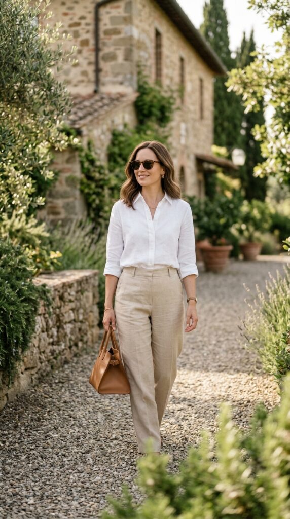Quiet luxury weekend outfit in neutral tones, featuring a relaxed yet elegant look with minimal styling and high-end effortless fashion aesthetic