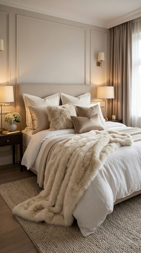 Glam bedroom with faux fur throw and luxe textiles, soft textures, warm lighting, and a cozy luxurious aesthetic