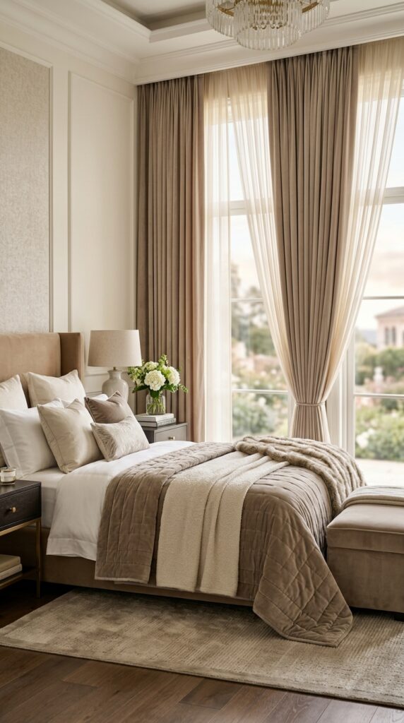 Glam bedroom with floor-to-ceiling curtains, soft flowing fabric, natural light, and a luxurious elegant aesthetic
