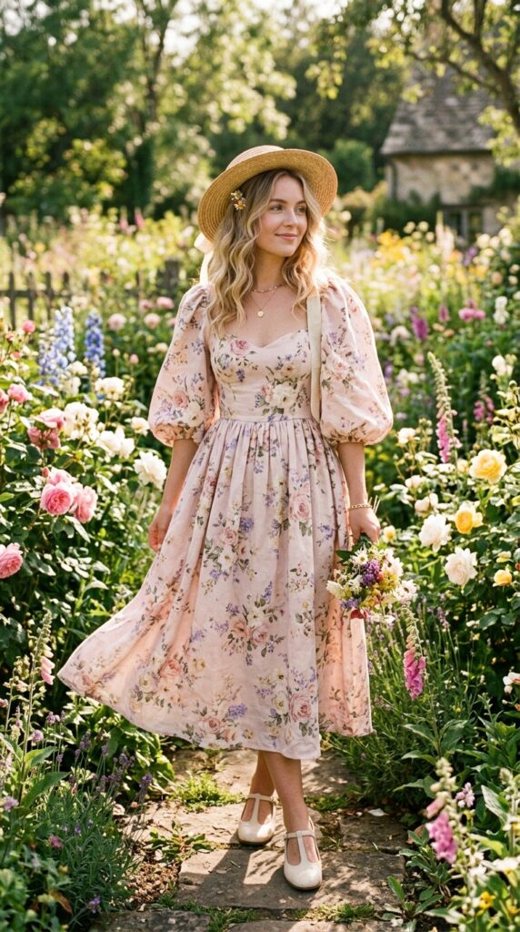 Woman wearing a romantic floral midi dress with voluminous puff sleeves and vintage-inspired rose and lavender print, styled with a straw hat and cream Mary Janes, standing in a sunlit cottage garden surrounded by blooming wildflowers.






