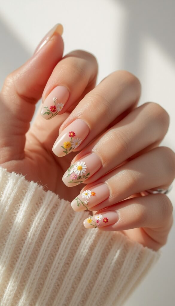 Close-up of press-on nails with floral designs, pastel tones, glossy finish, and a fresh feminine aesthetic