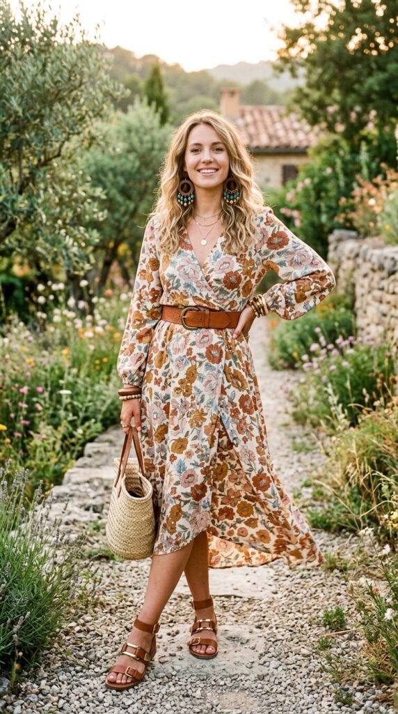 Woman in floral print wrap dress with wide leather belt, statement natural stone earrings, and metallic strappy sandals for boho summer look.