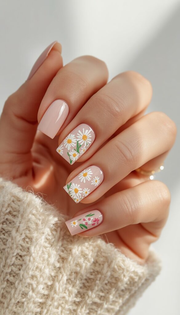 Close-up of square nails with floral summer nail art, pastel tones, glossy finish, and a fresh feminine aesthetic