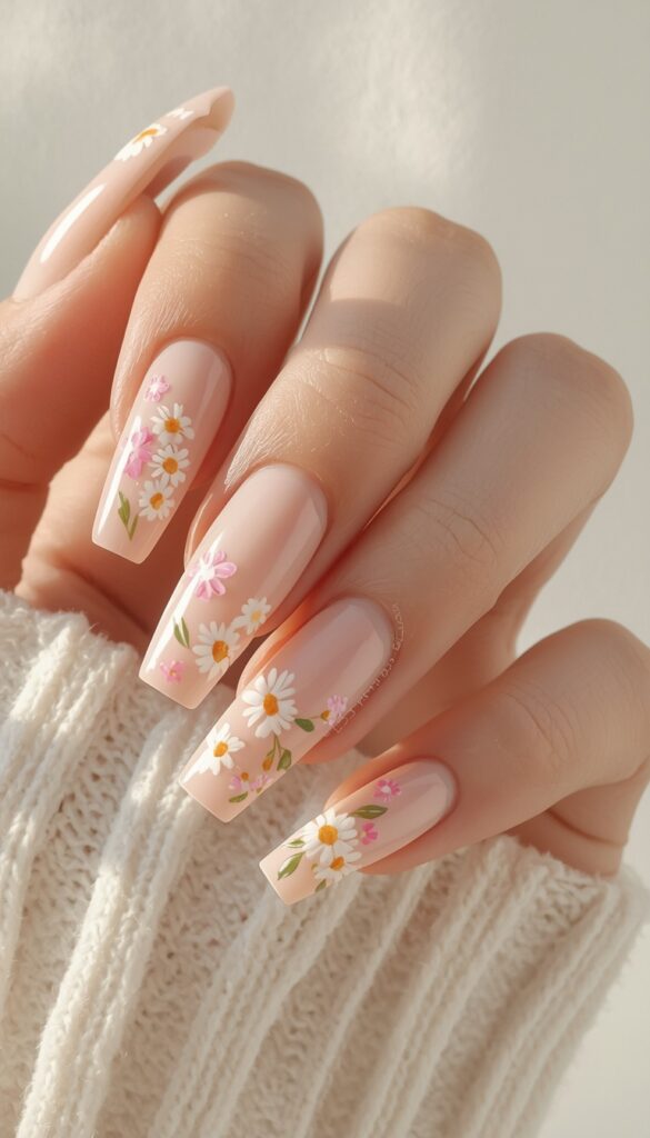 Close-up of coffin nails with delicate floral nail art, pastel tones, glossy finish, and a fresh summer aesthetic