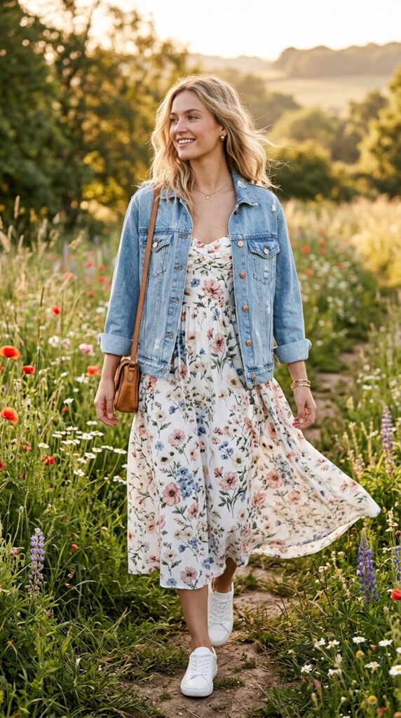 A romantic floral midi sundress with a sweetheart neckline and spaghetti straps layered under a relaxed light wash denim jacket, styled with white leather sneakers and a tan crossbody bag for a carefree and effortlessly youthful everyday look.