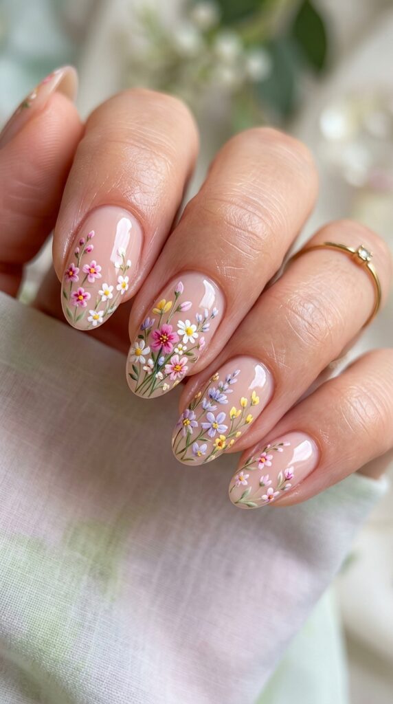 Floral nail art on oval nails with delicate flowers and soft pastel tones, creating a cute and elegant manicure aesthetic