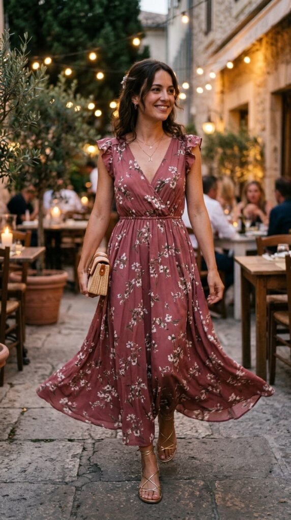 Breathtakingly romantic woman wearing a flowing floor-length maxi dress in romantic print or luxurious solid color with delicate strappy sandals, styled with romantic hair adorned with flowers and minimal jewelry in a dreamy garden or candlelit date night setting creating ethereal grace and romantic elegance.