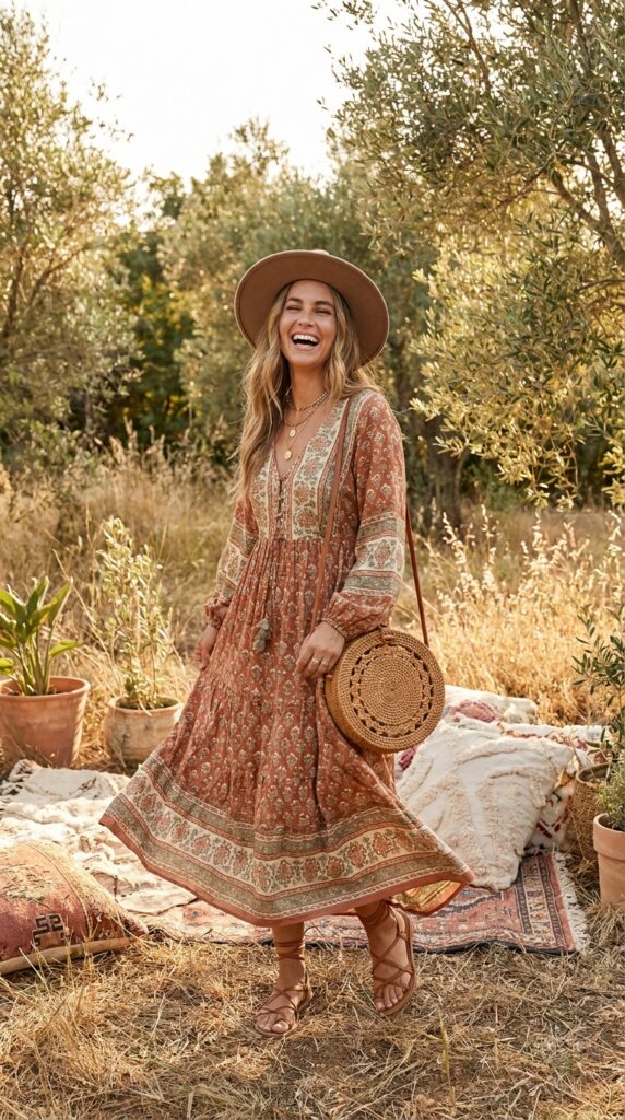 Woman in boho geometric print maxi dress with strappy sandals, gold jewelry, and wide-brimmed hat for summer outfit inspiration.