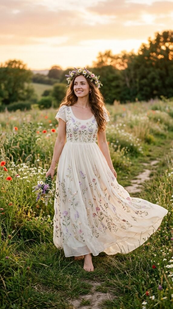 Woman wearing an ethereal cream flowy maxi dress with hand-embroidered floral details along the neckline and hem, wearing a fresh flower crown, standing barefoot in a sun-kissed wildflower meadow at golden hour with romantic countryside scenery.






