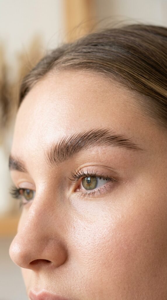 Natural fluffy brows with a soft, full, and feathered texture, creating a lifted, clean, and effortlessly beautiful eyebrow look