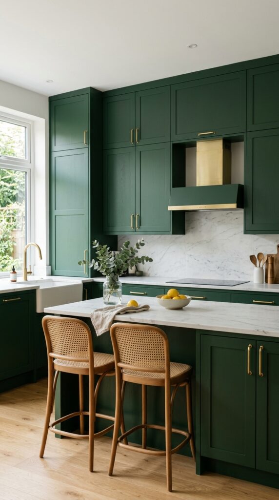 Forest green statement kitchen with bold cabinetry and elegant details, creating a rich, modern, and nature-inspired interior design look