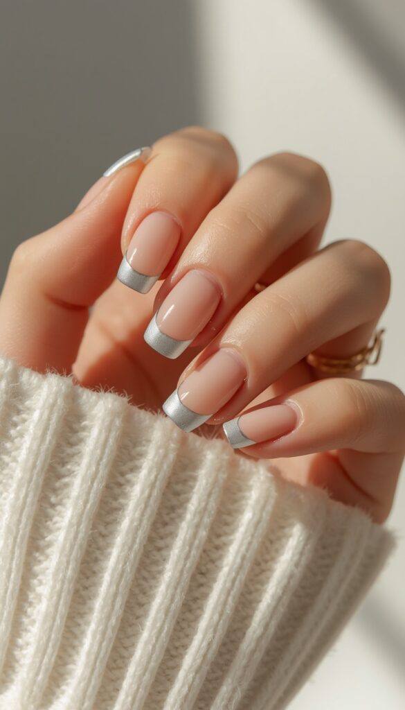 Close-up of press-on nails with modern French tips, colorful edges, glossy finish, and a clean trendy aesthetic