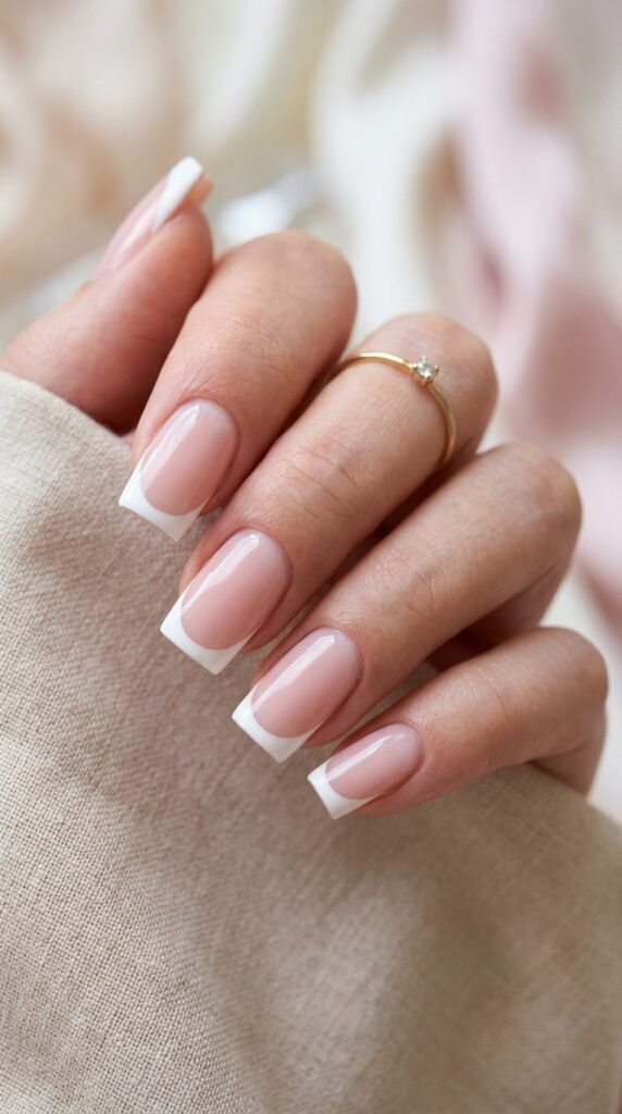 Classic French square nails with a nude base and white tips, creating a clean, elegant, and timeless manicure look