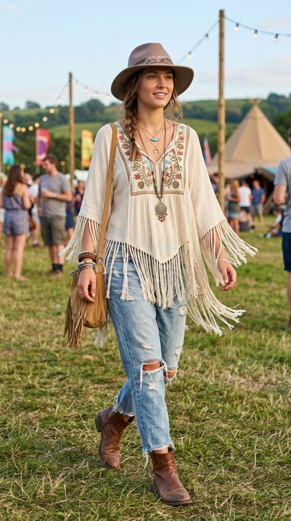 Woman in fringe hem top with distressed jeans, leather ankle boots, layered necklaces, and fedora hat for edgy boho summer style.