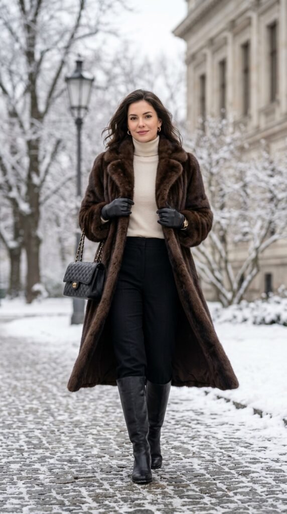 Classic fur coat outfit styled for winter with a luxurious and elegant look, creating a timeless, chic, and sophisticated fashion statement