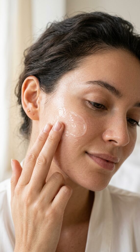 Close-up of a gel-based moisturizer being applied, dewy hydrated skin, lightweight texture, and a fresh summer skincare aesthetic