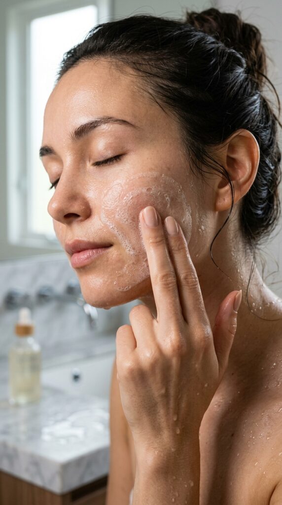 Close-up of a woman applying a gentle gel cleanser, soft foam, hydrated glowing skin, and a fresh minimalist morning routine