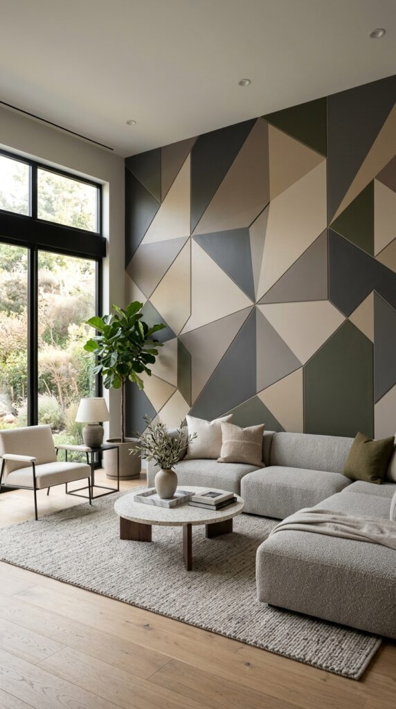 Modern room with a geometric accent wall, clean patterns, neutral tones, minimalist decor, and soft natural lighting