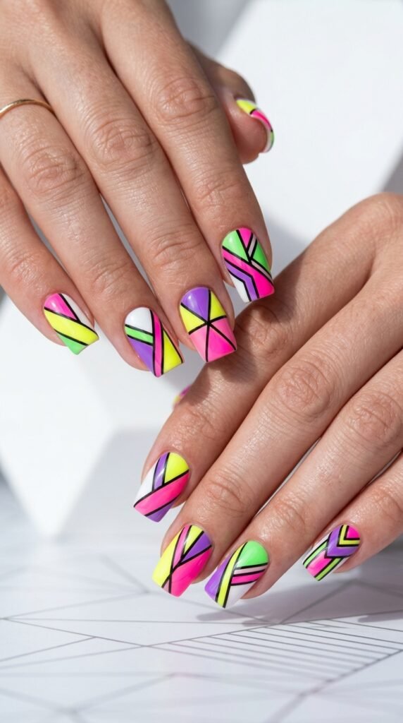 Hands with geometric neon color-blocking nail design featuring pink, yellow, green, and purple in crisp angular patterns with black dividing lines for modern bold summer manicure.