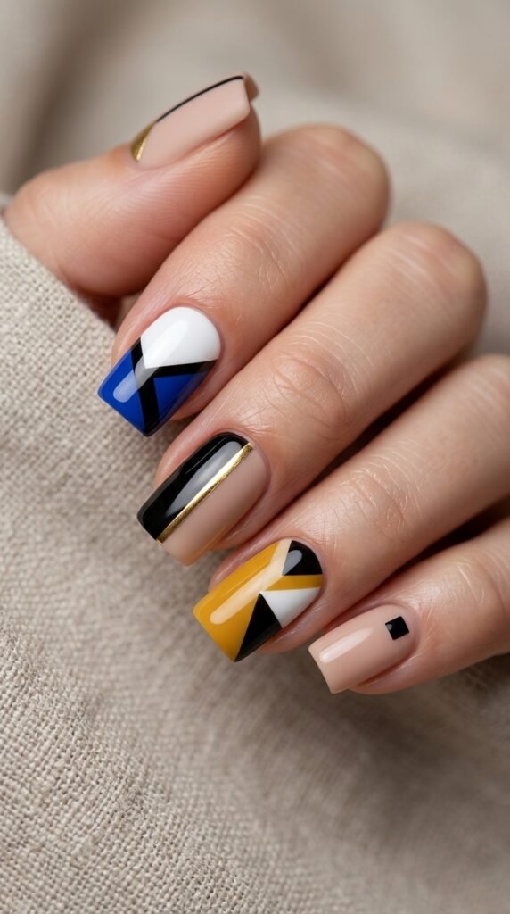 Geometric nail art on square nails with modern lines and shapes, creating a bold, trendy, and artistic manicure design