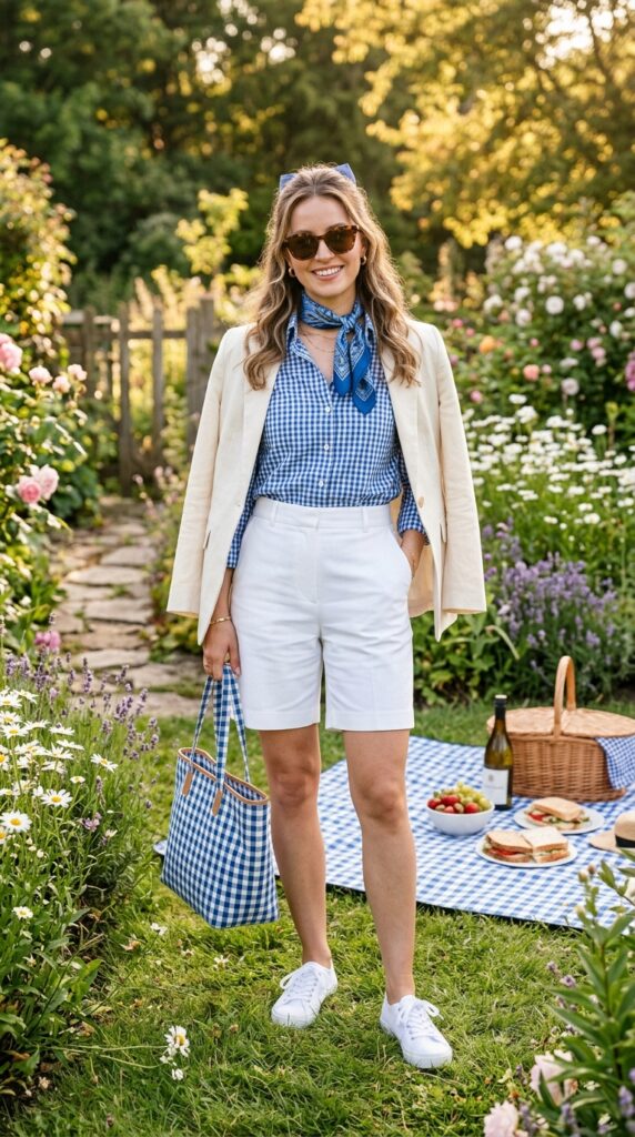 Woman wearing a charming gingham preppy outfit featuring a blue-and-white gingham button-down, white tailored shorts, white canvas boat shoes, and cream linen blazer, standing in a countryside picnic setting with wildflowers and vintage picnic accessories.






