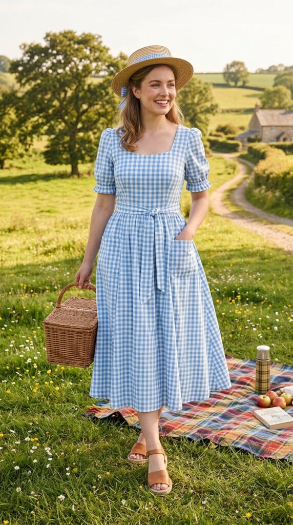 Woman wearing a charming blue-and-white gingham check pattern dress with fitted bodice and flowing midi skirt, styled with a straw hat and holding a woven picnic basket, standing in a countryside picnic setting surrounded by wildflowers and green grass.




