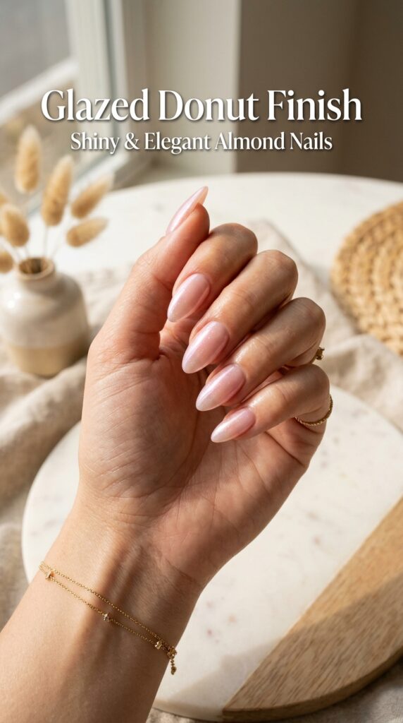 Almond nails with glossy glazed donut finish featuring translucent shimmer in warm peach tones for elegant summer manicure






